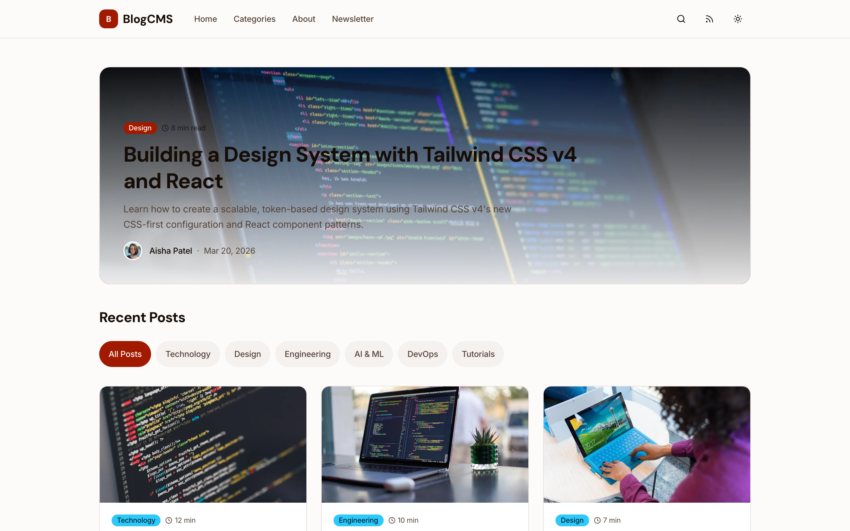 Blog home page with featured post hero and category-filtered post grid