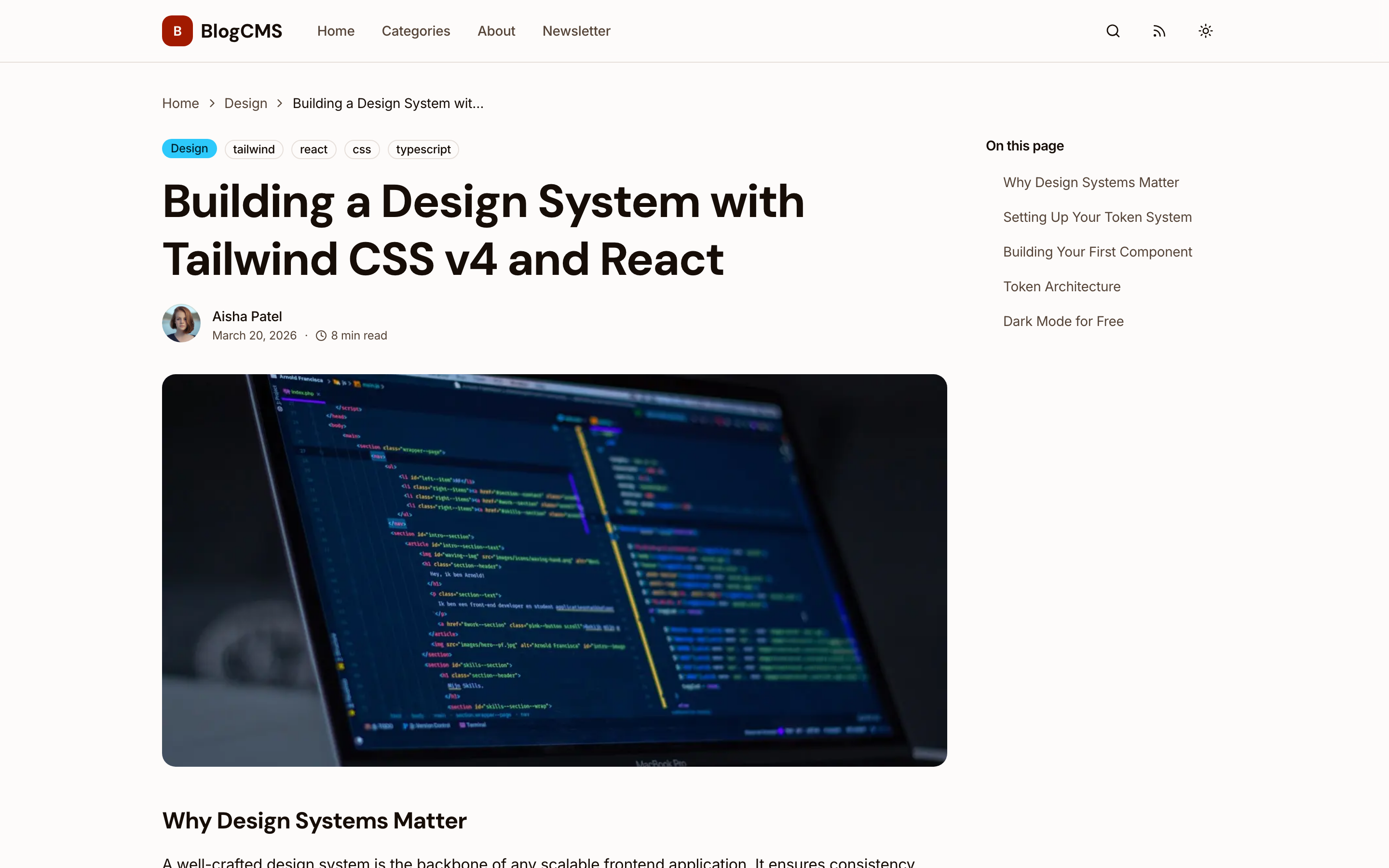 Blog article page with table of contents, share buttons, and related posts