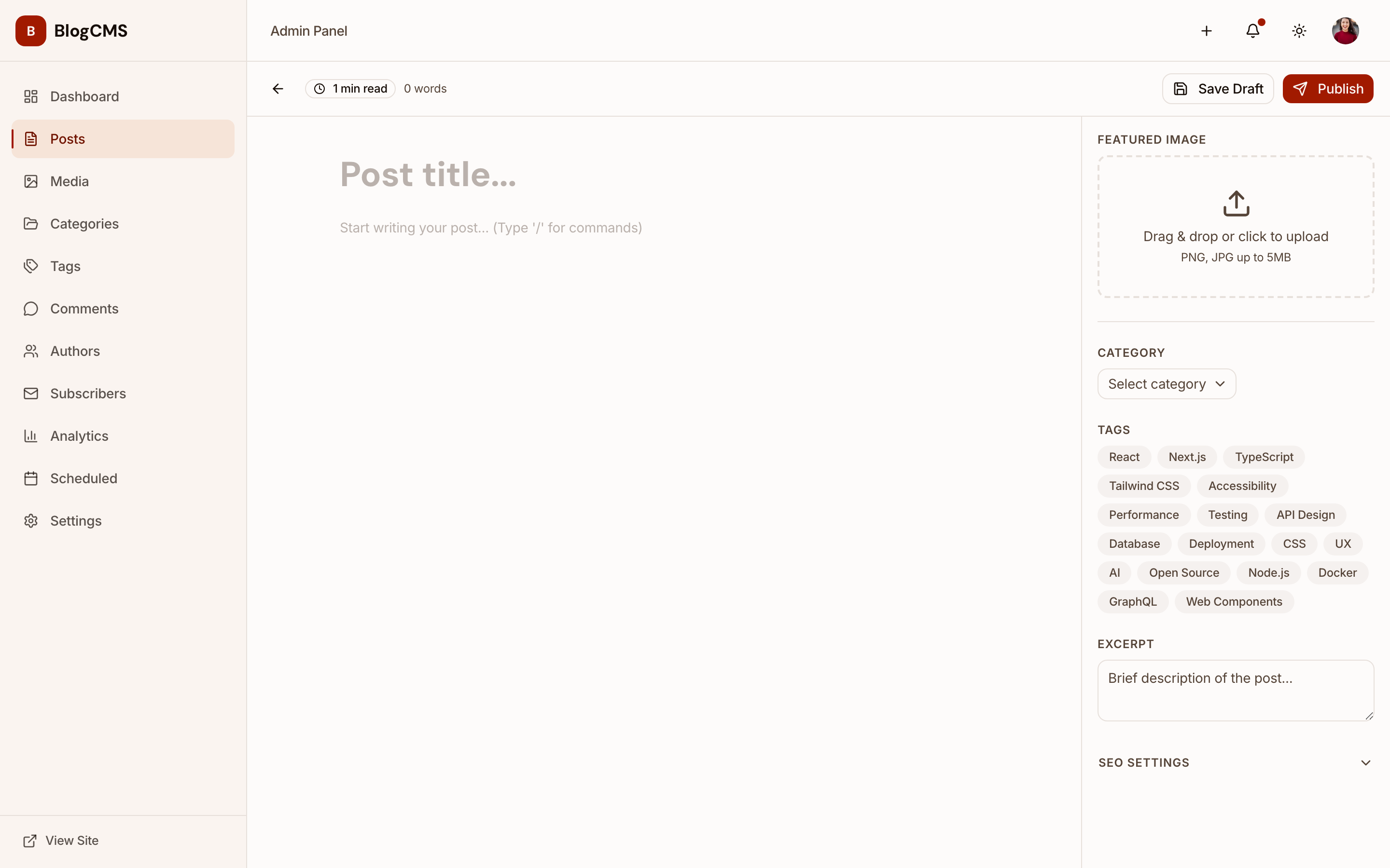 Post editor with title, rich content area, category, tags, and SEO settings