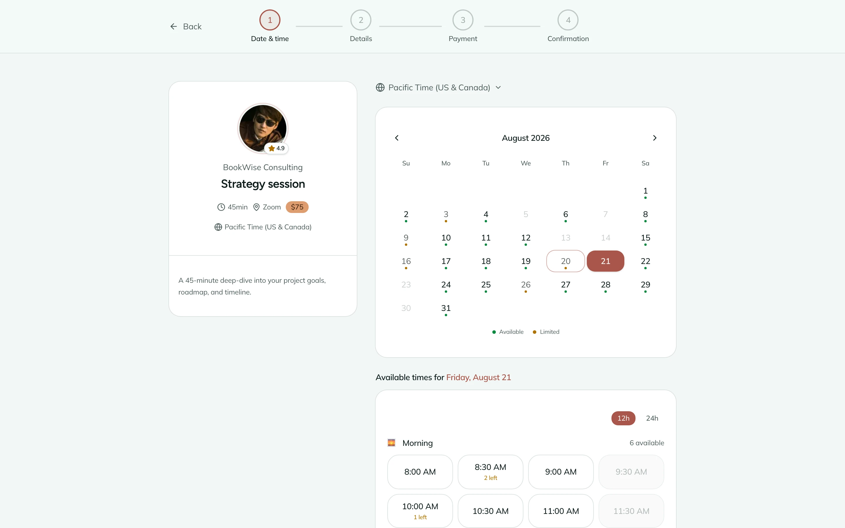 Public booking flow with service selection, calendar slot picker, and attendee details