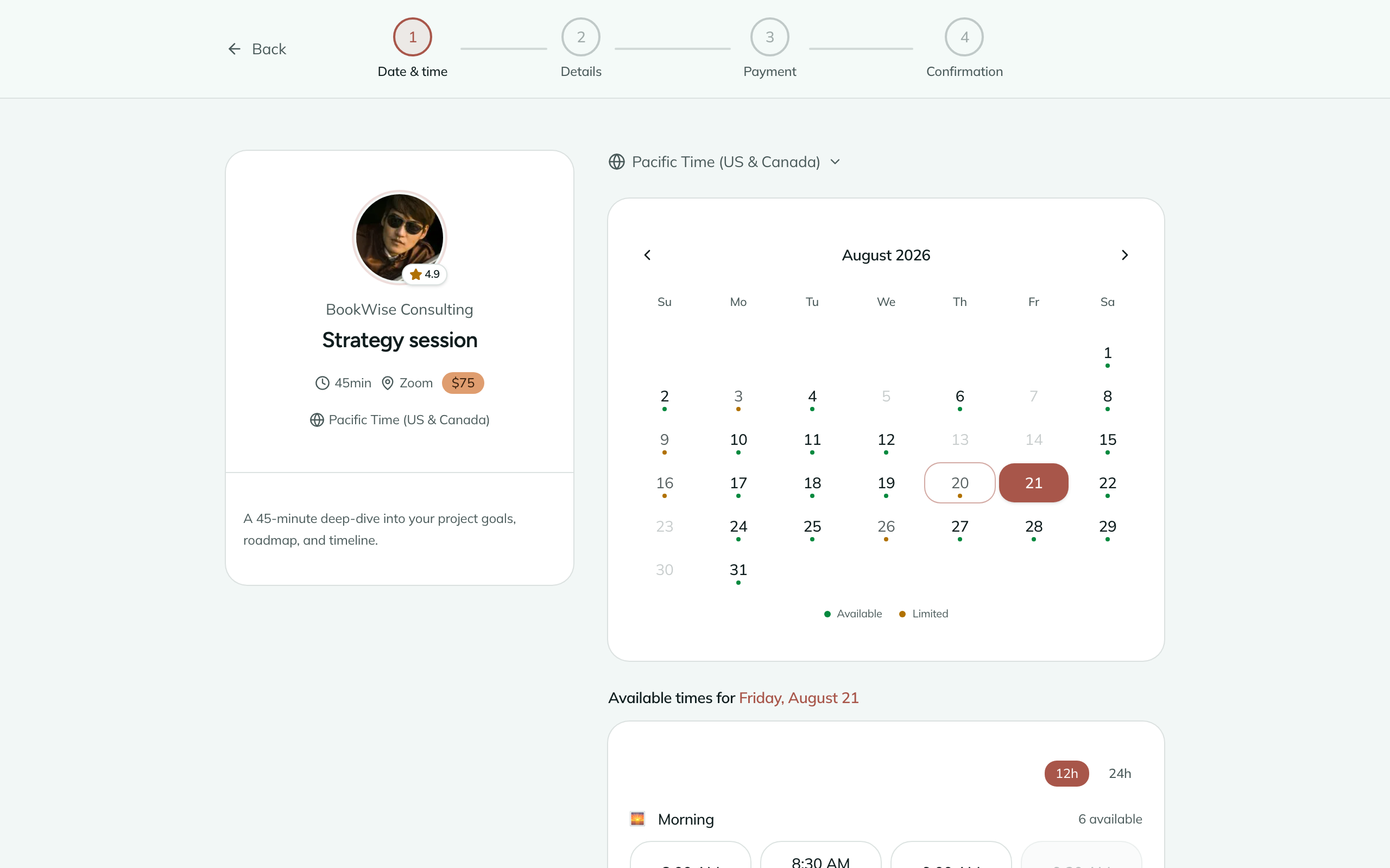 Public booking flow with calendar slot picker, timezone support, and time selection (light mode)