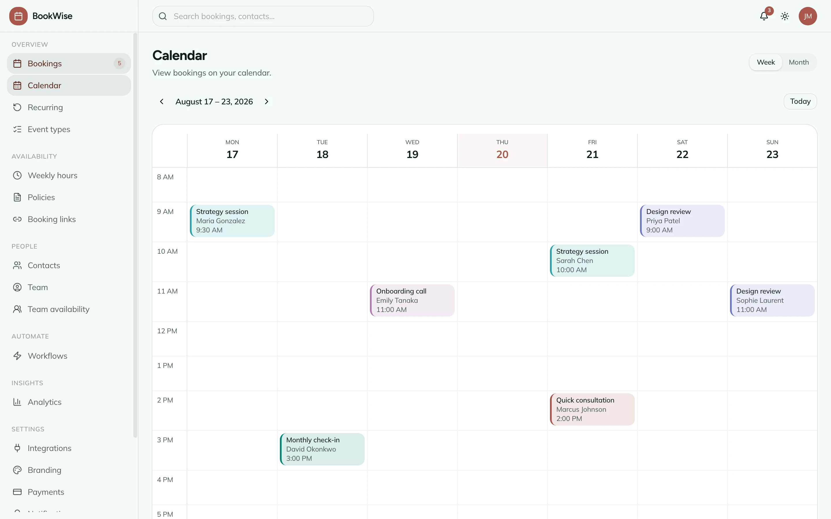 Calendar week view with color-coded event types and time slot grid