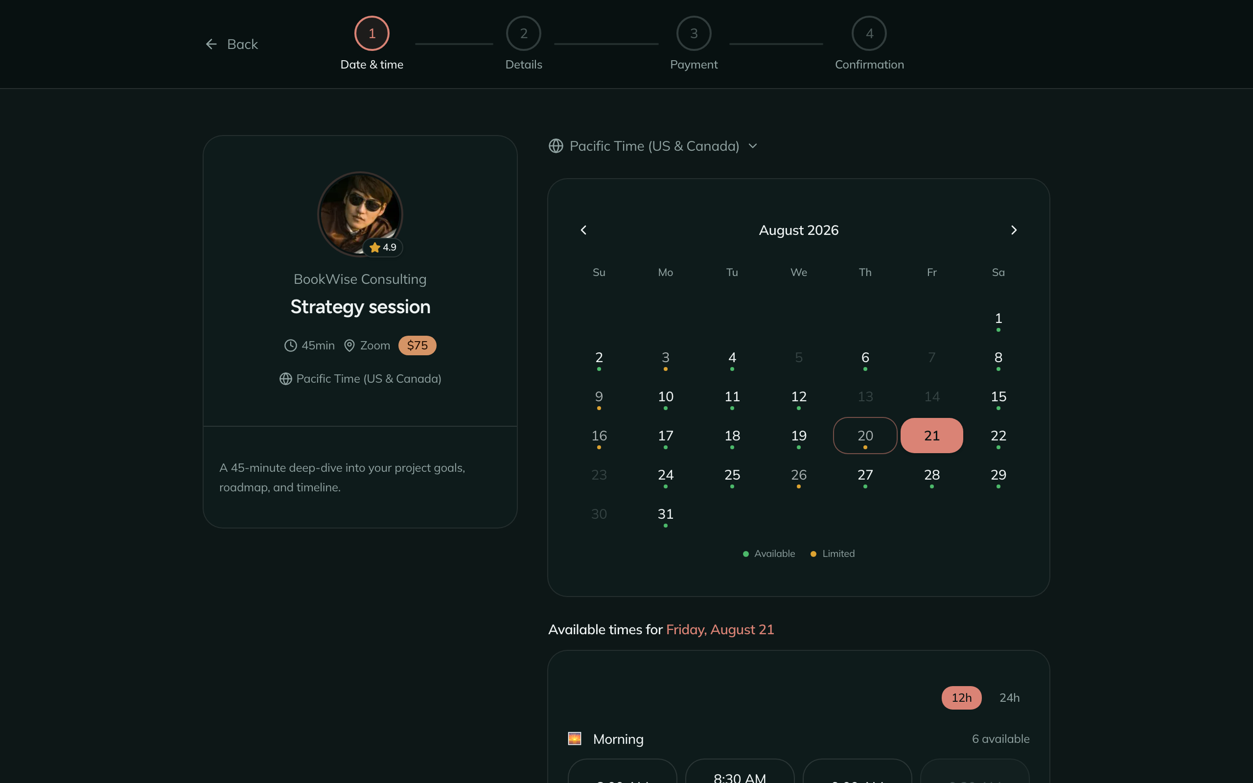 Public booking flow with calendar slot picker, timezone support, and time selection (dark mode)