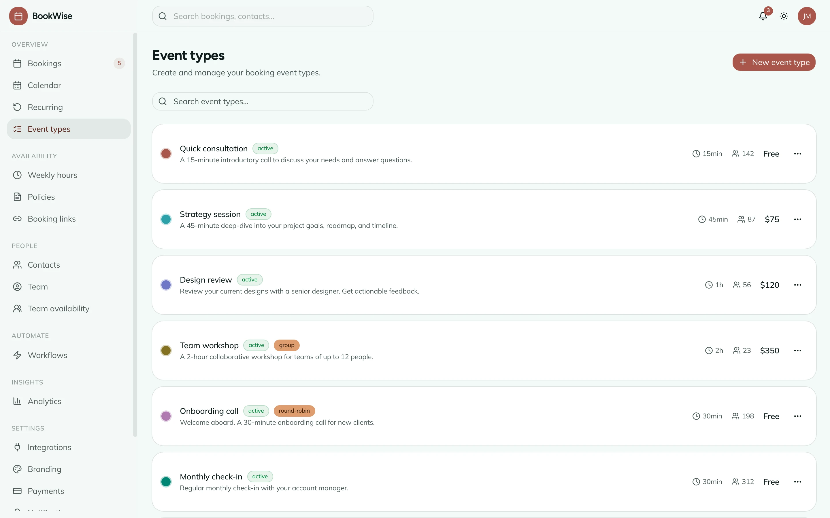 Event types management with create dialog, status toggles, and booking counts