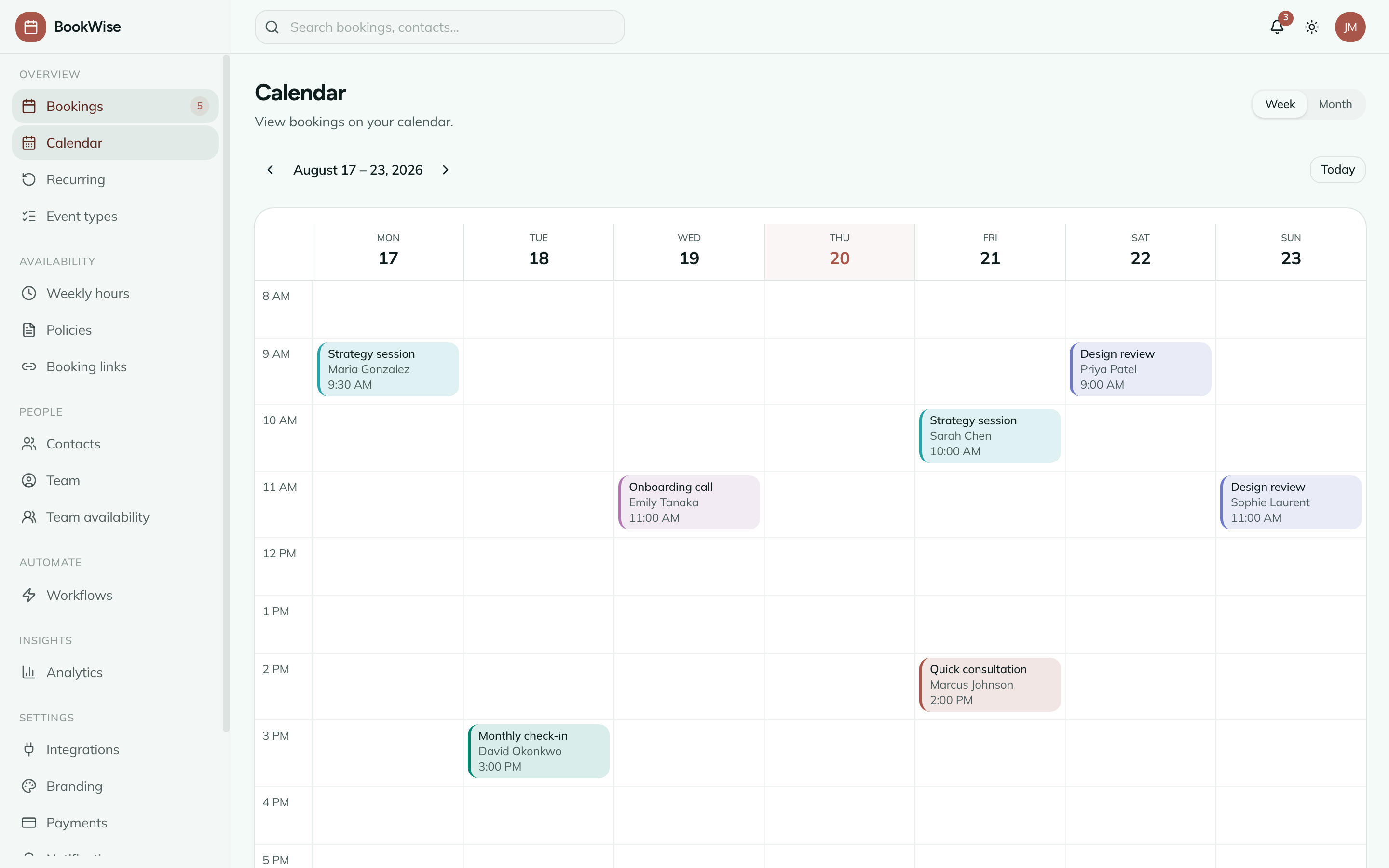 Calendar week view with color-coded event types and time slot grid (light mode)