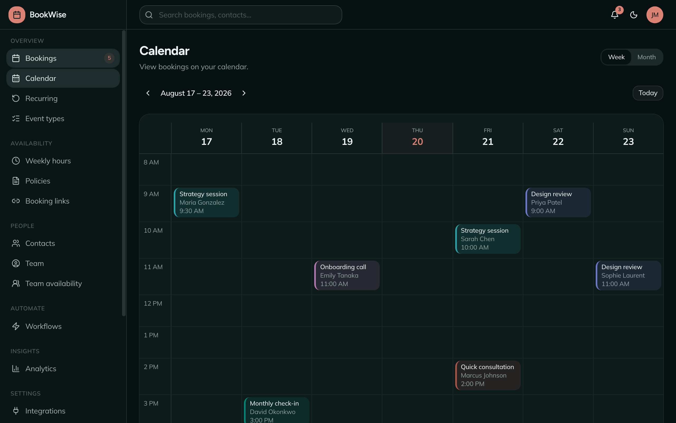 Calendar week view with color-coded event types and time slot grid (dark mode)