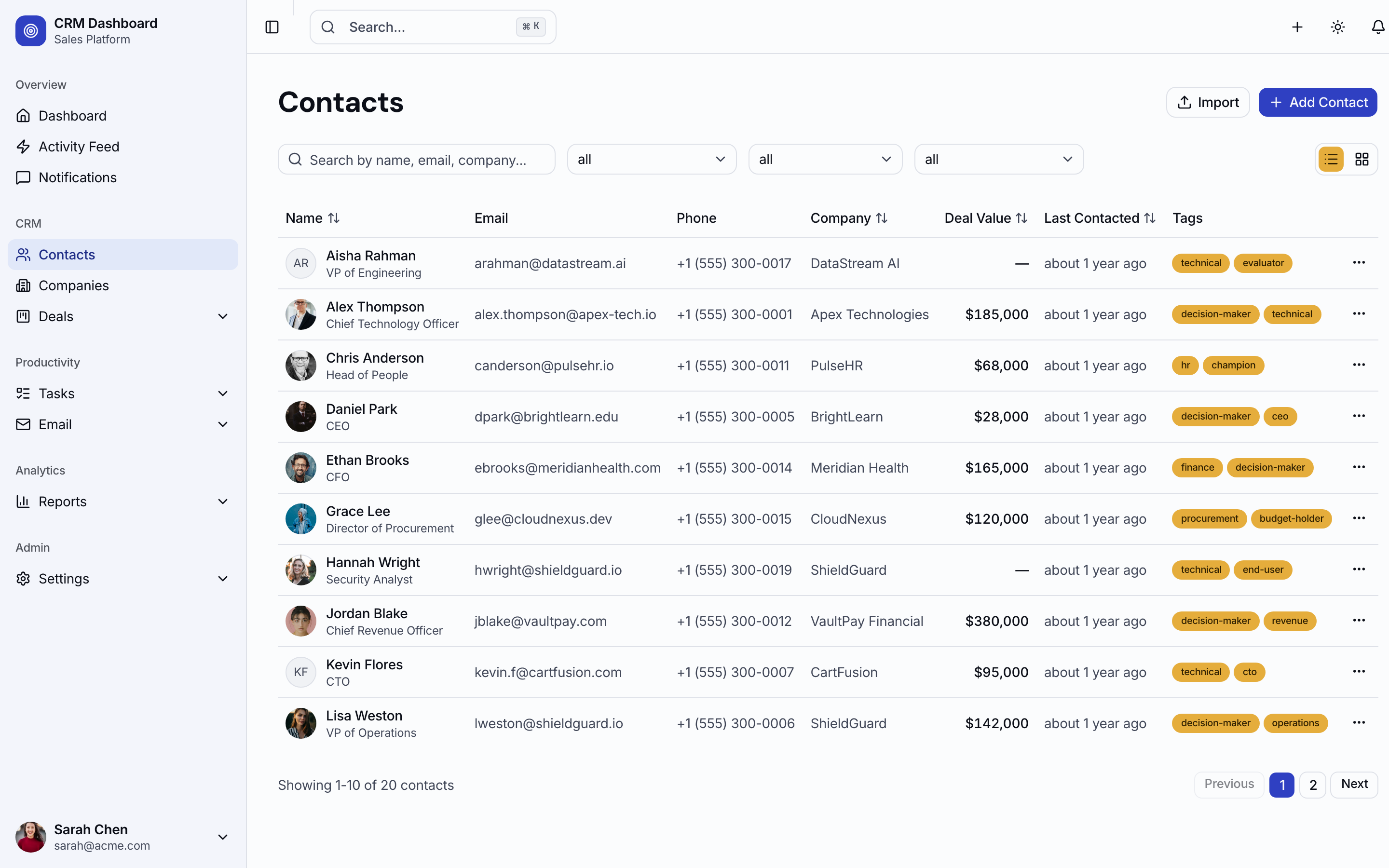 Contacts list with search, filters, tags, and data table
