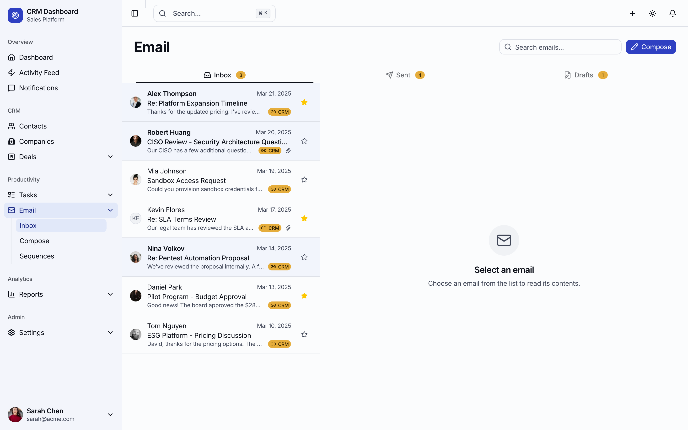 Email inbox with reading pane, folder tabs, and CRM contact linking