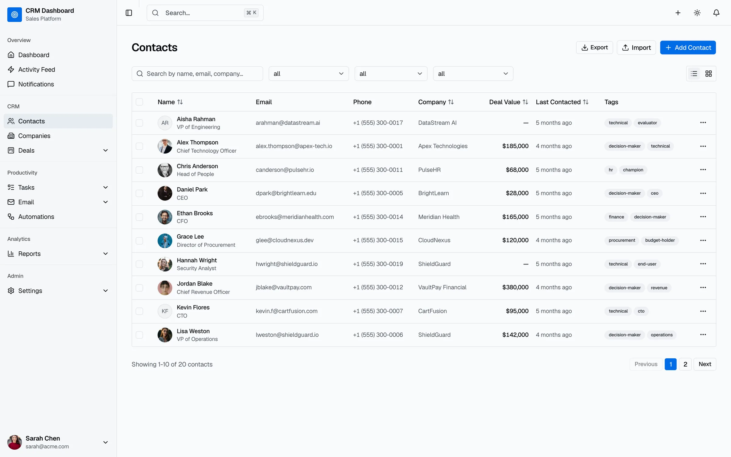 Contact directory with search, filters, tags, and detail pages -- all reading from Supabase