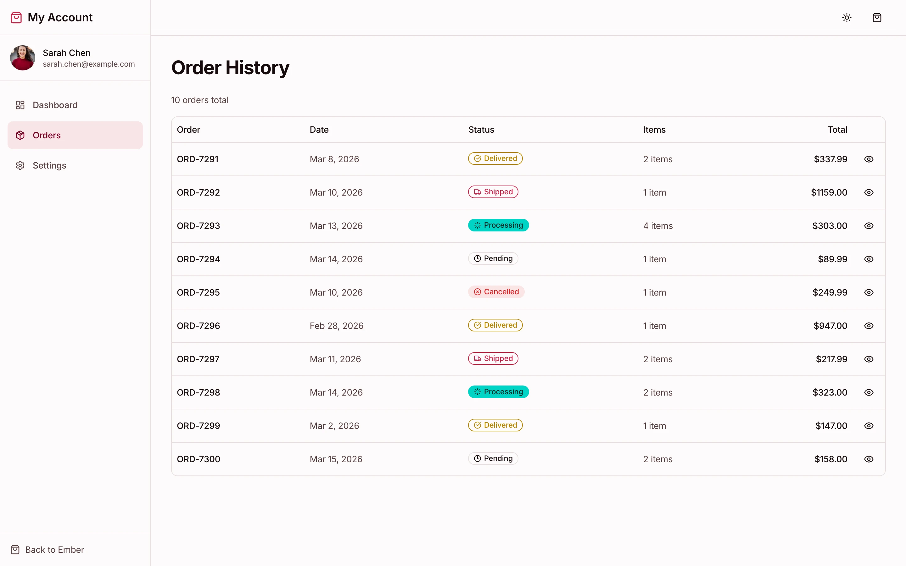 Account order history with status badges