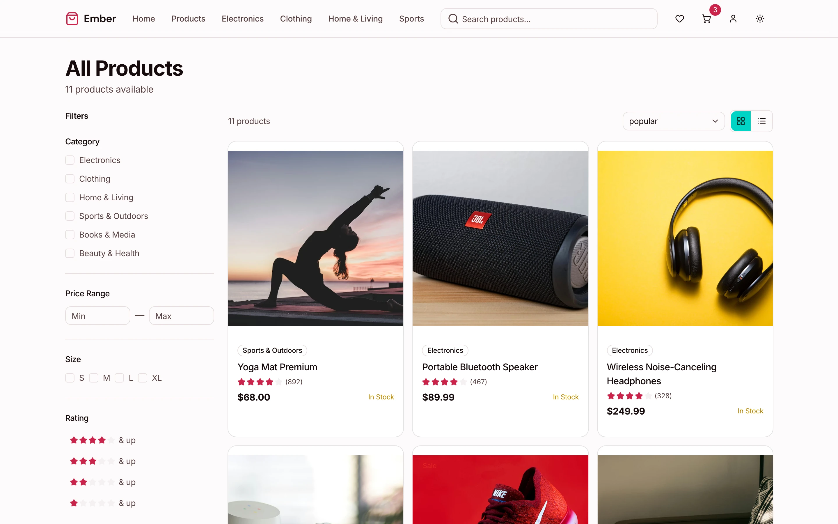 Product listing with filters, sort, and grid/list toggle