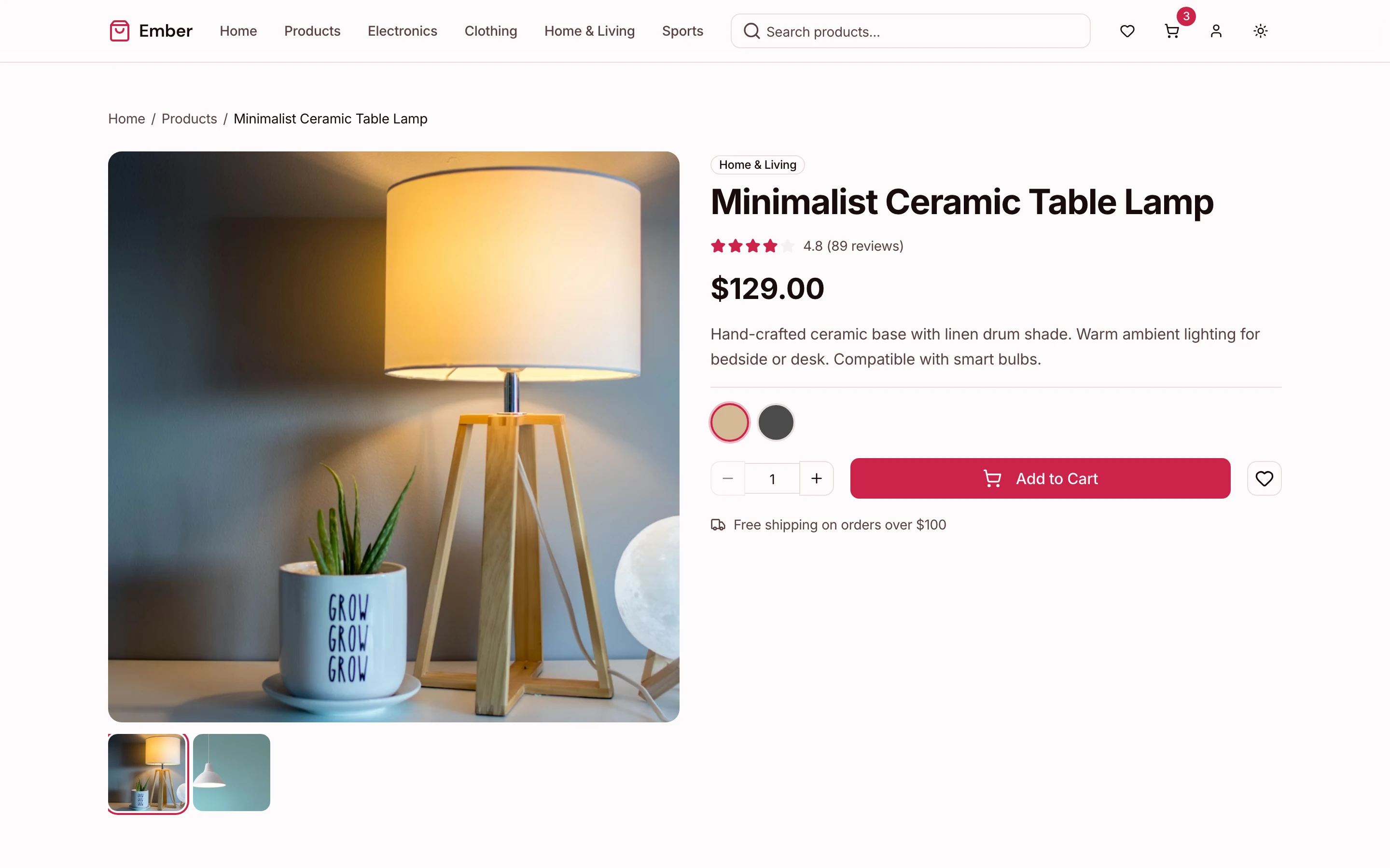 Product detail with image gallery, variants, and reviews