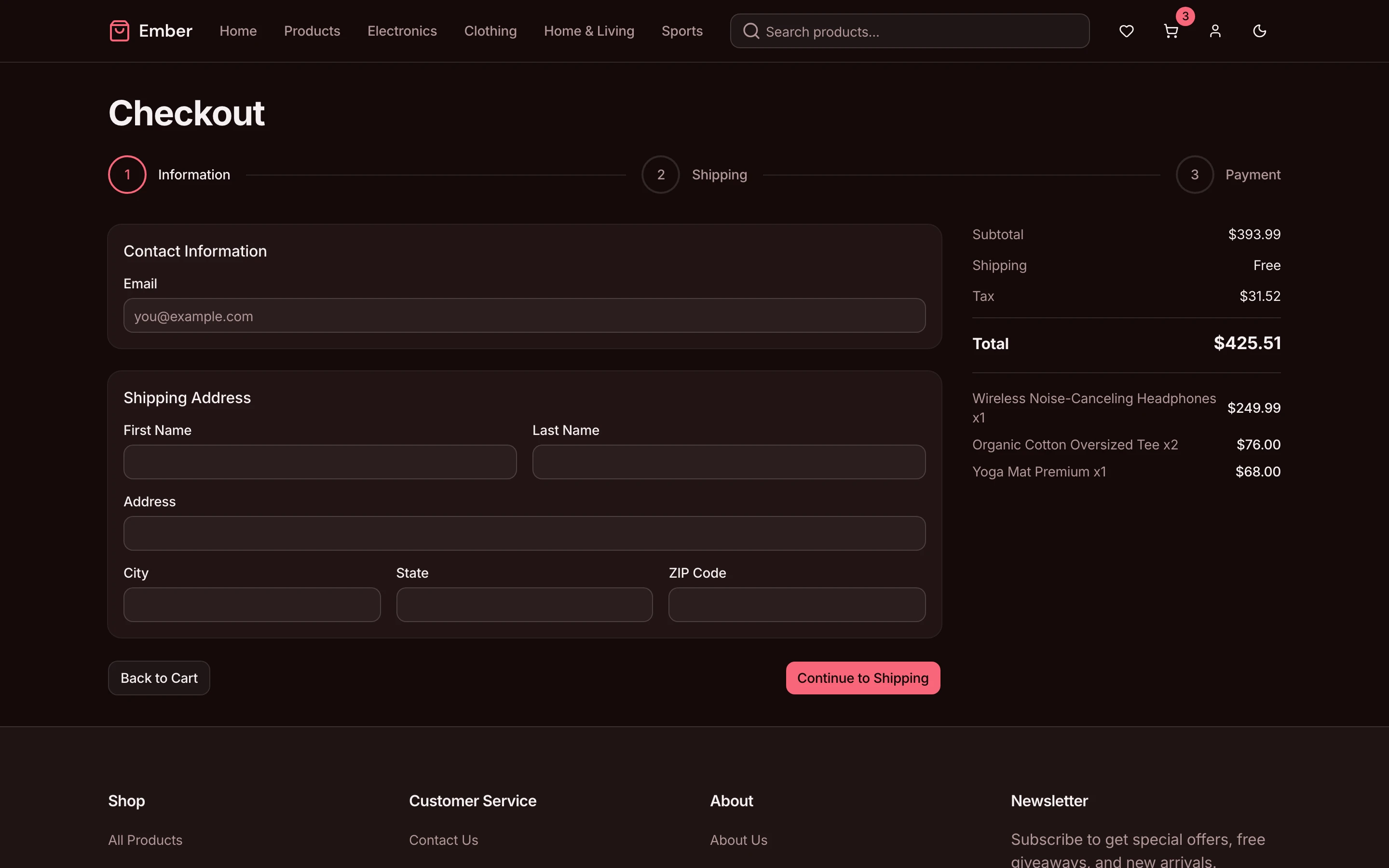 Multi-step checkout — dark mode
