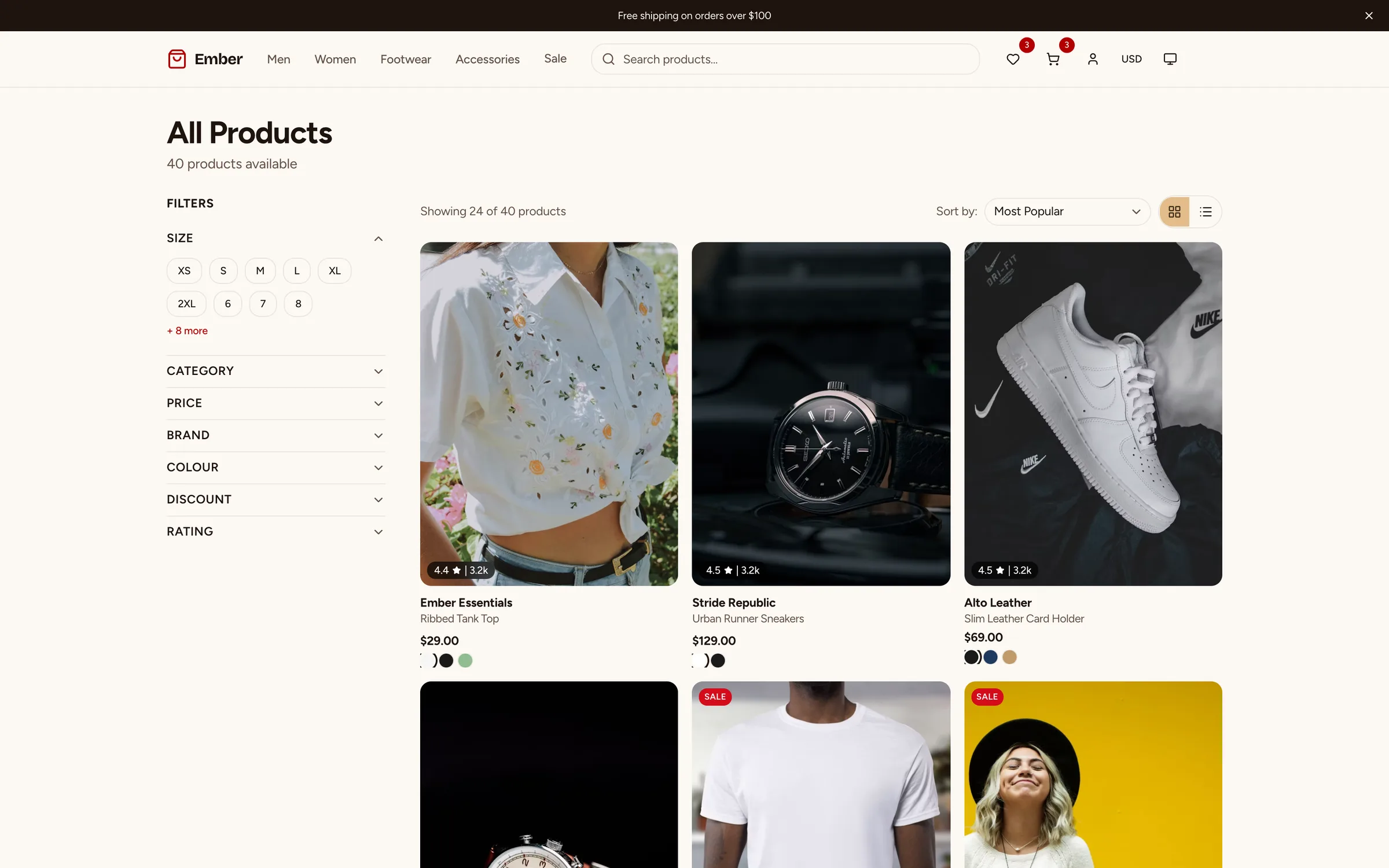 Product listing with filters, search, and real data from Supabase -- not hardcoded seed arrays