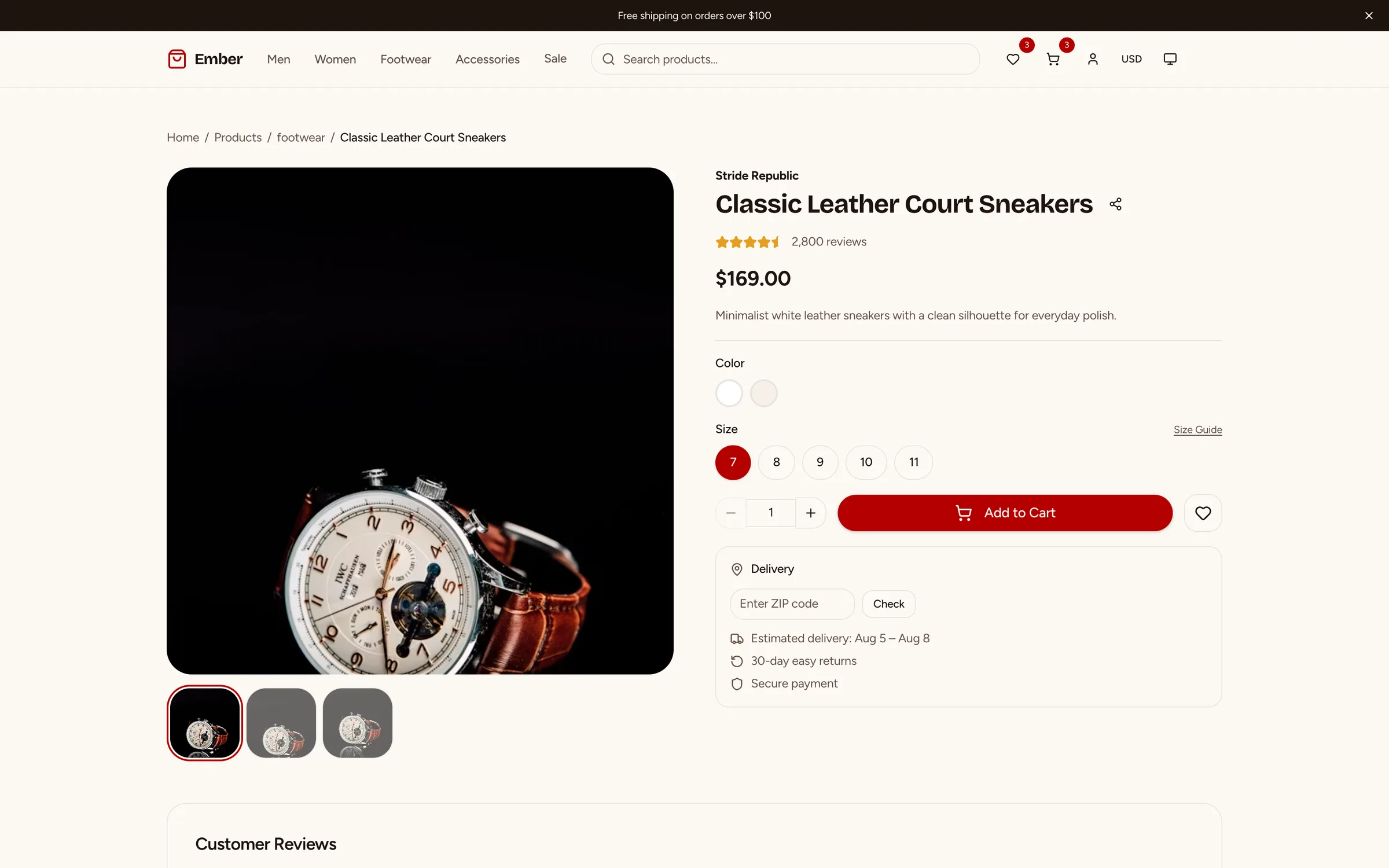 Product detail with image gallery, variant selector, reviews from the database, and real add-to-cart