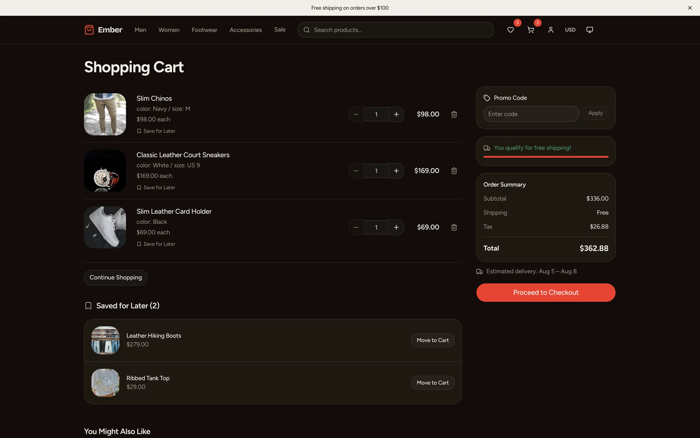 Stripe Checkout redirect with real payment processing, tax calculation, and shipping options