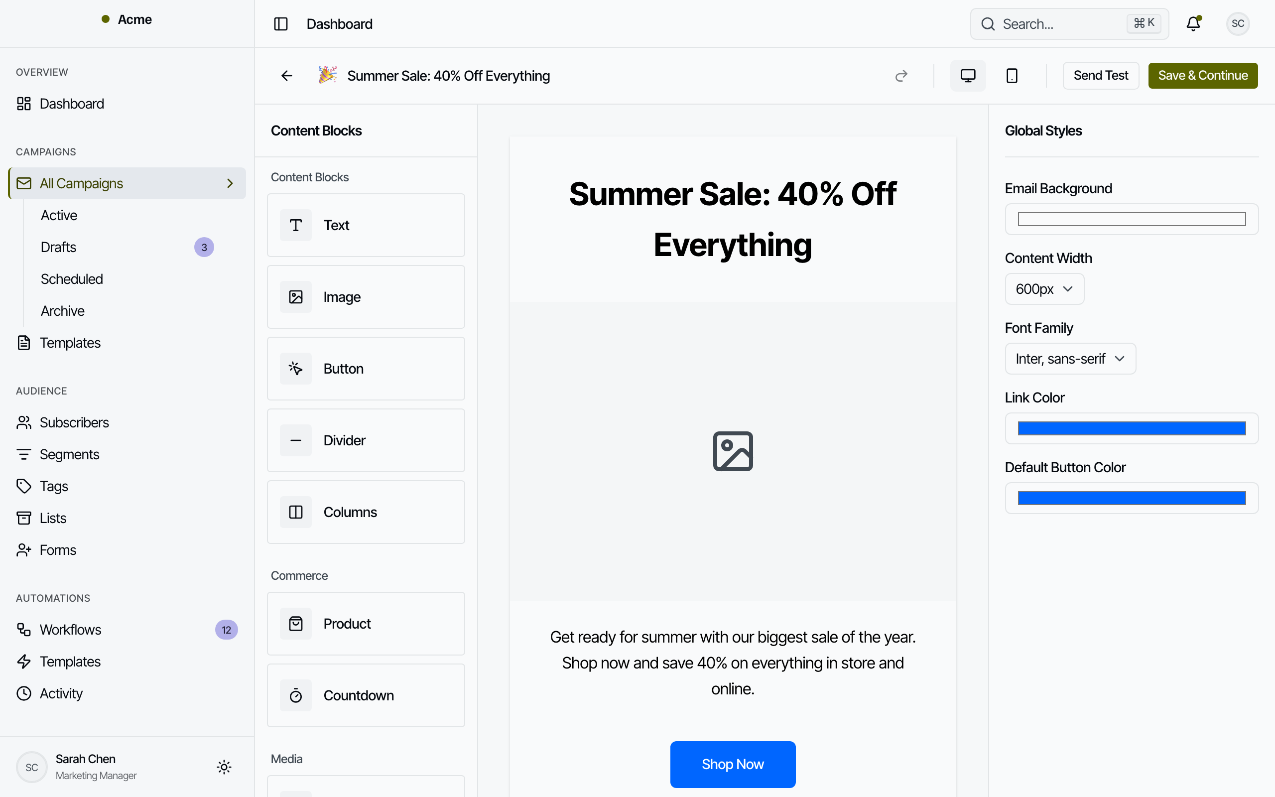 Campaign builder with drag-and-drop content blocks, email preview, and global styles (light mode)