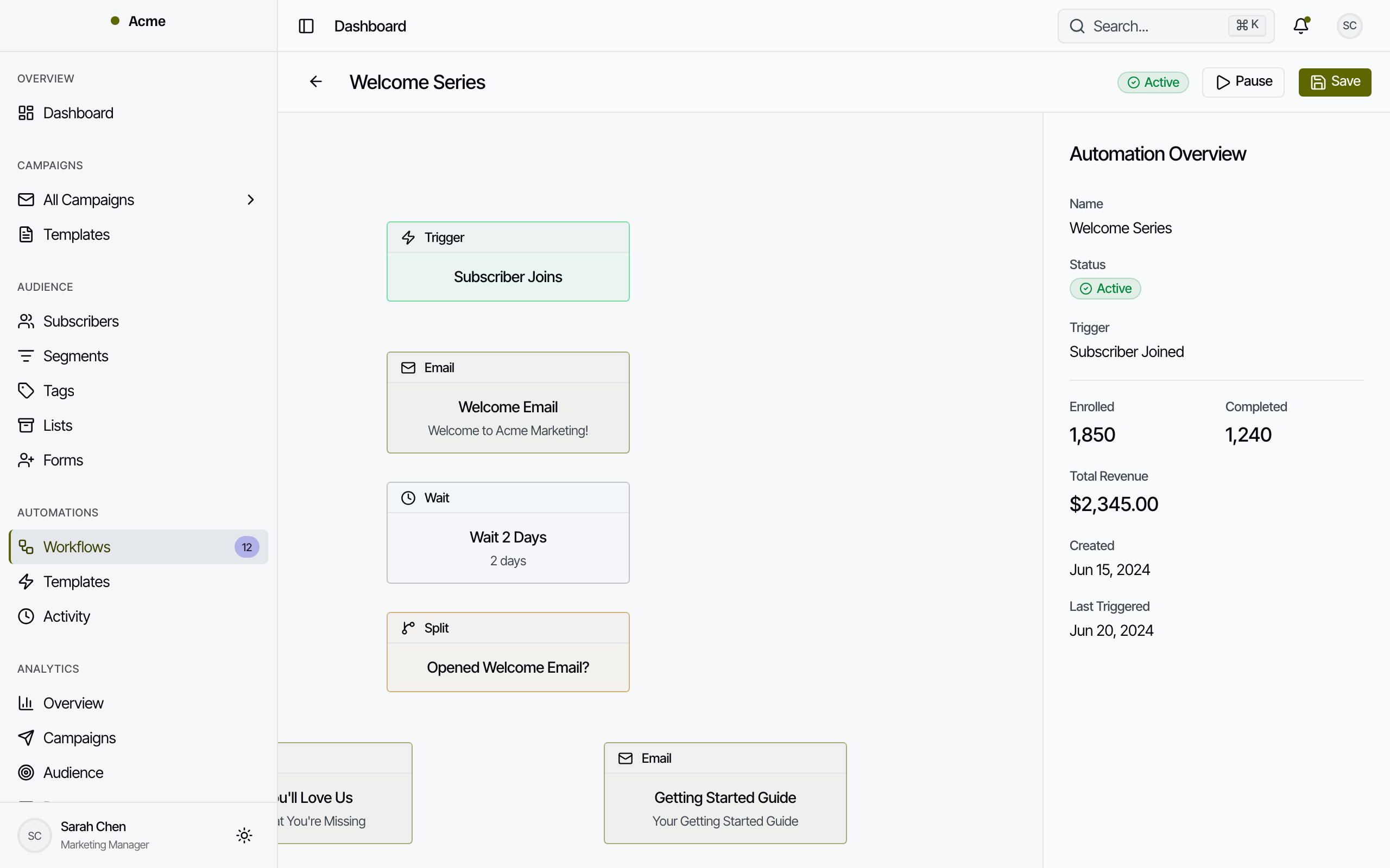 Automation flow canvas with triggers, email actions, wait steps, and split conditions (light mode)