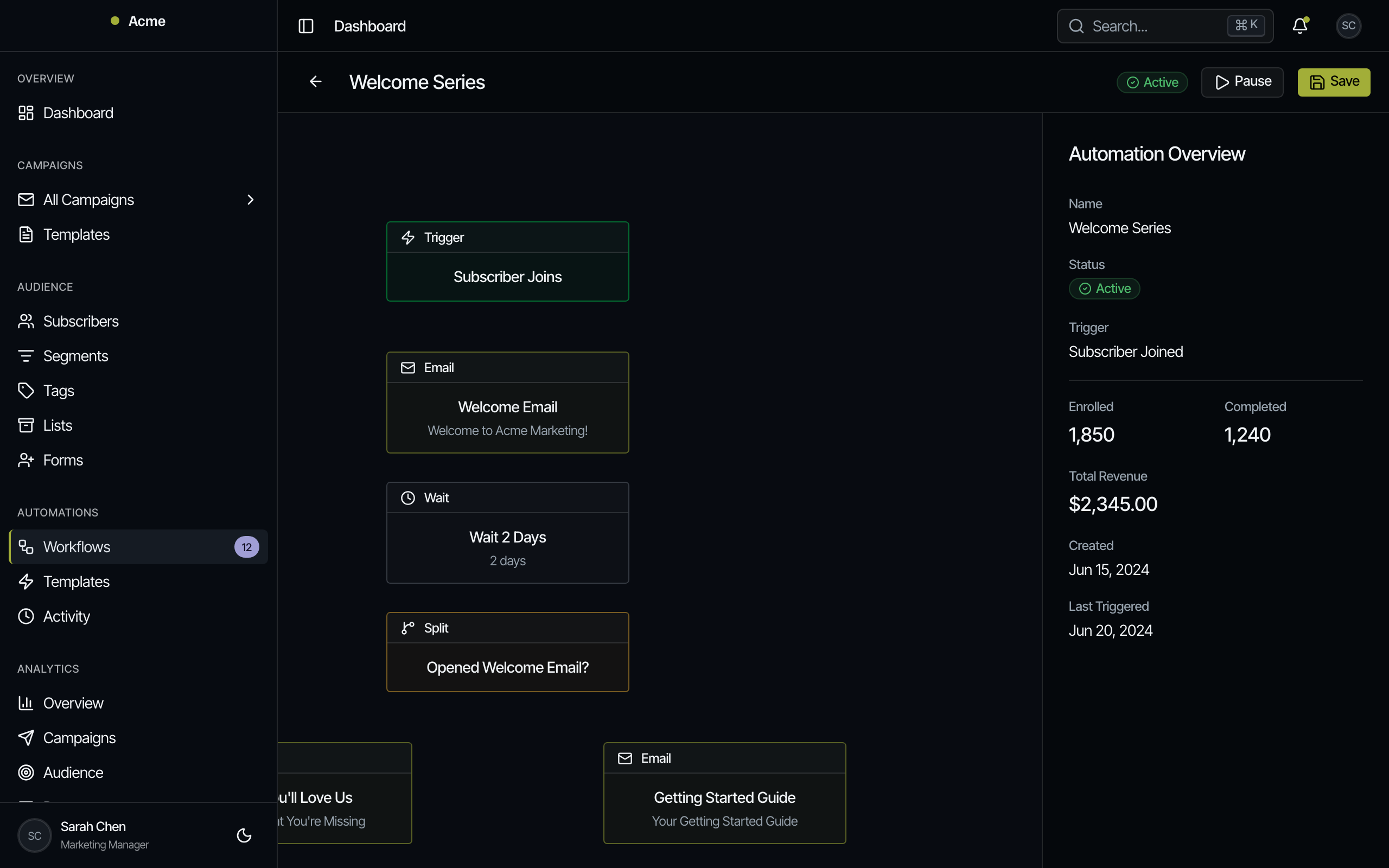 Automation flow canvas with triggers, email actions, wait steps, and split conditions (dark mode)