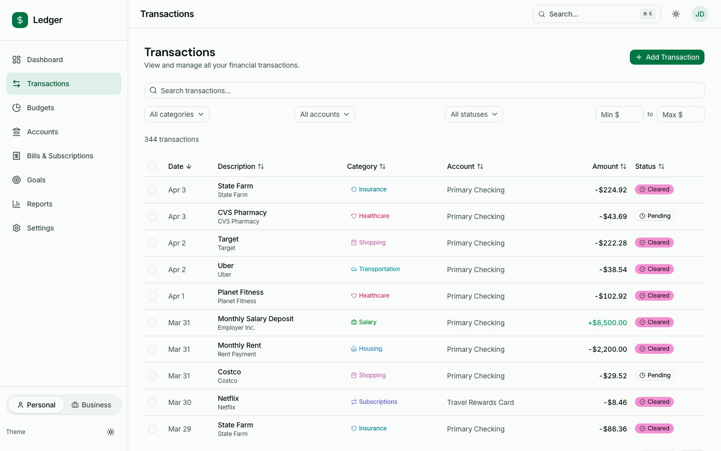 Transaction list with filters, categories, search, and date range