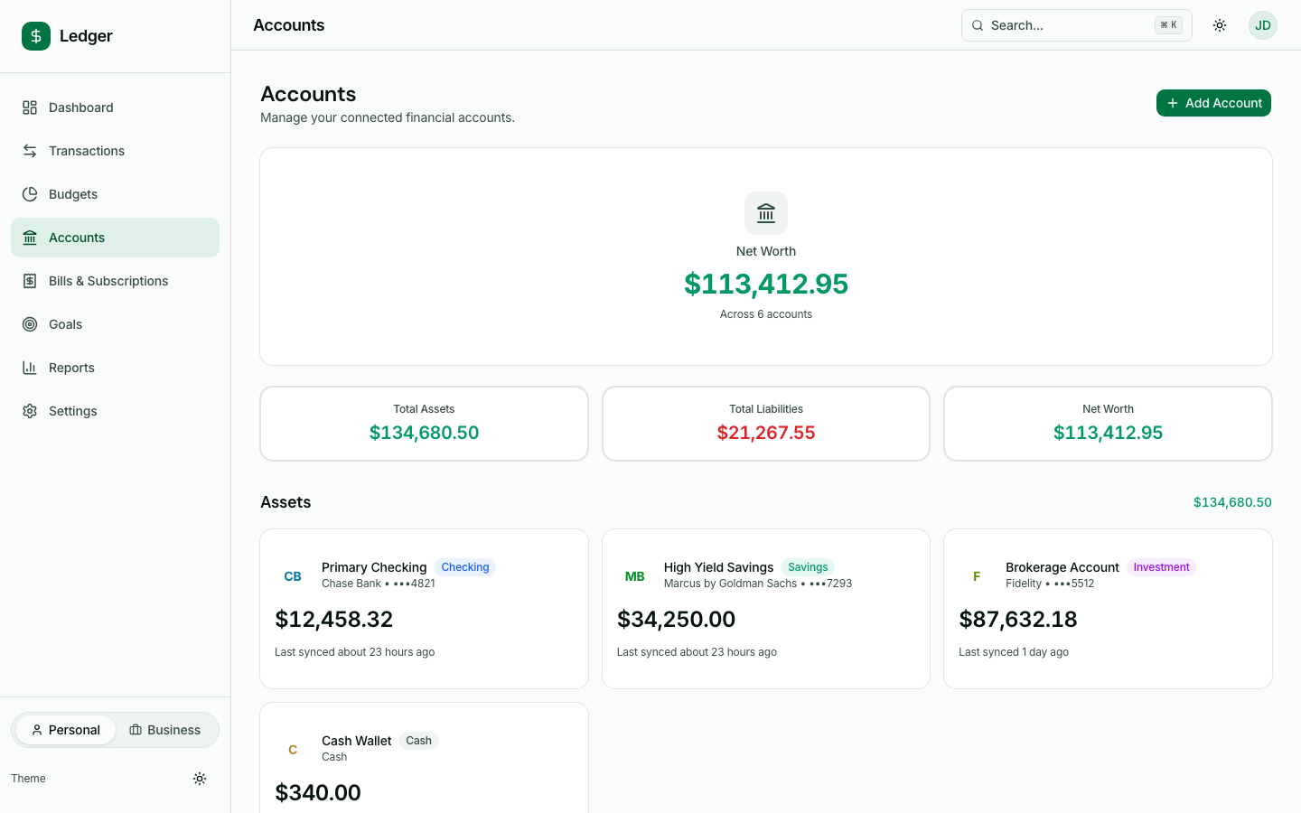 Bank accounts, credit cards, investment accounts with balances