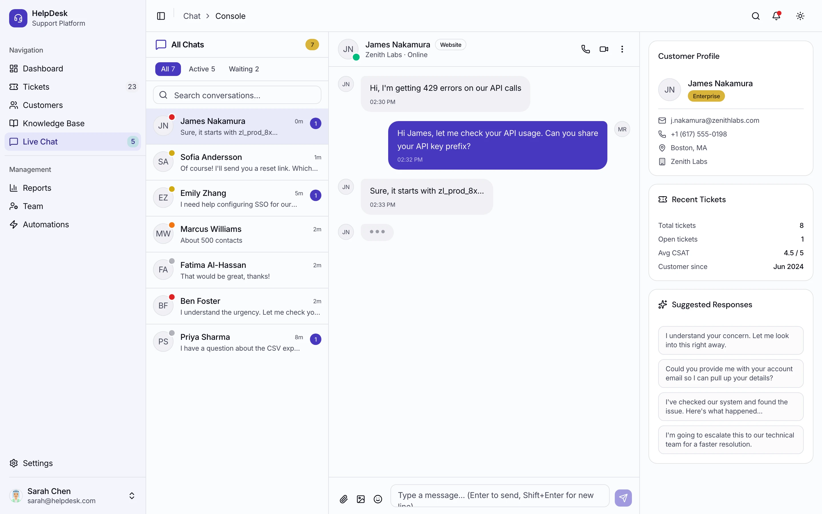 Live chat interface with conversation list, chat window, and customer context