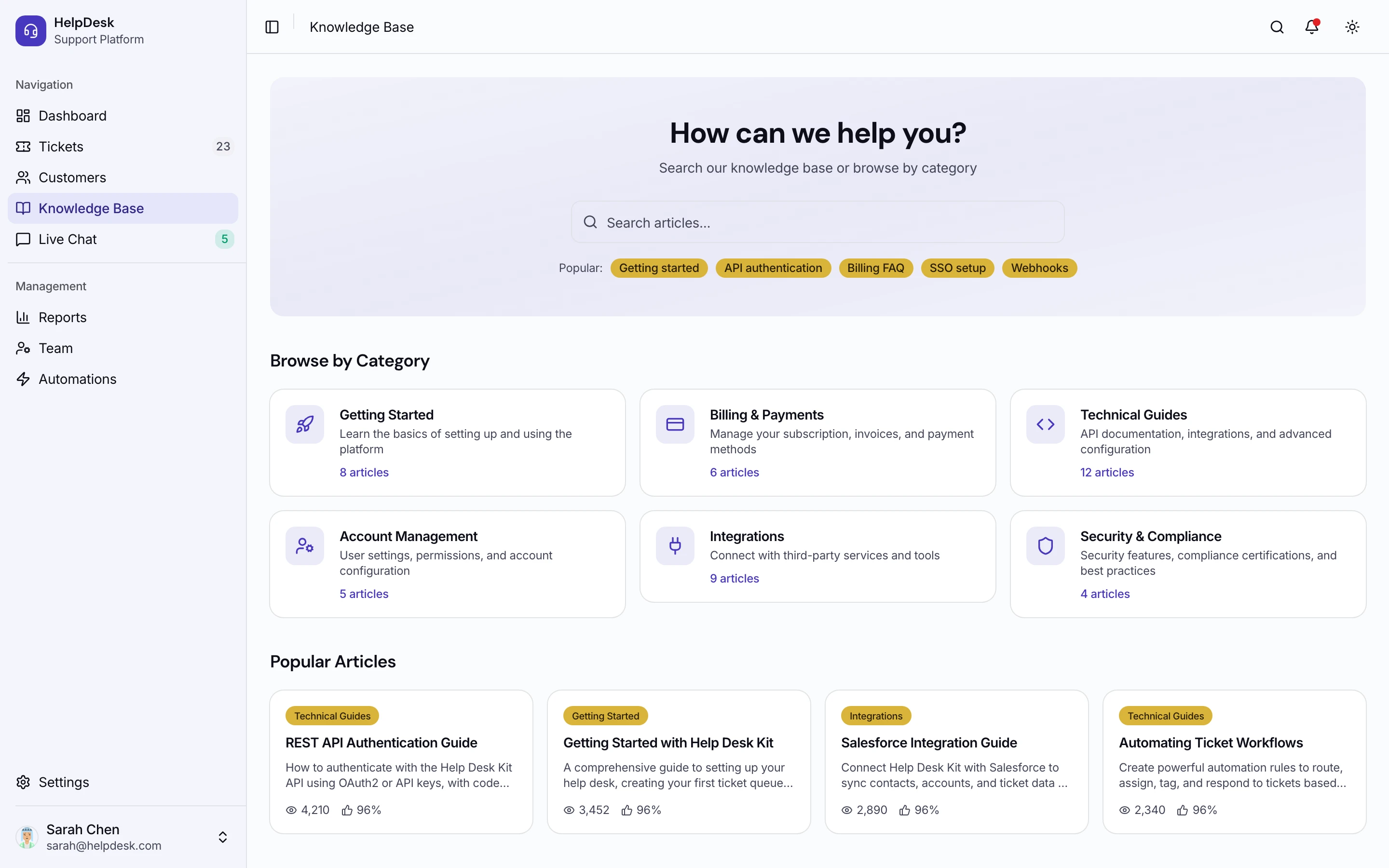Knowledge base browser with search, categories, and article cards