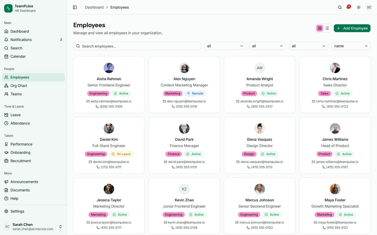 Employee directory preview from thefrontkit — a production-ready Next.js HR Dashboard App built with Tailwind and shadcn/ui