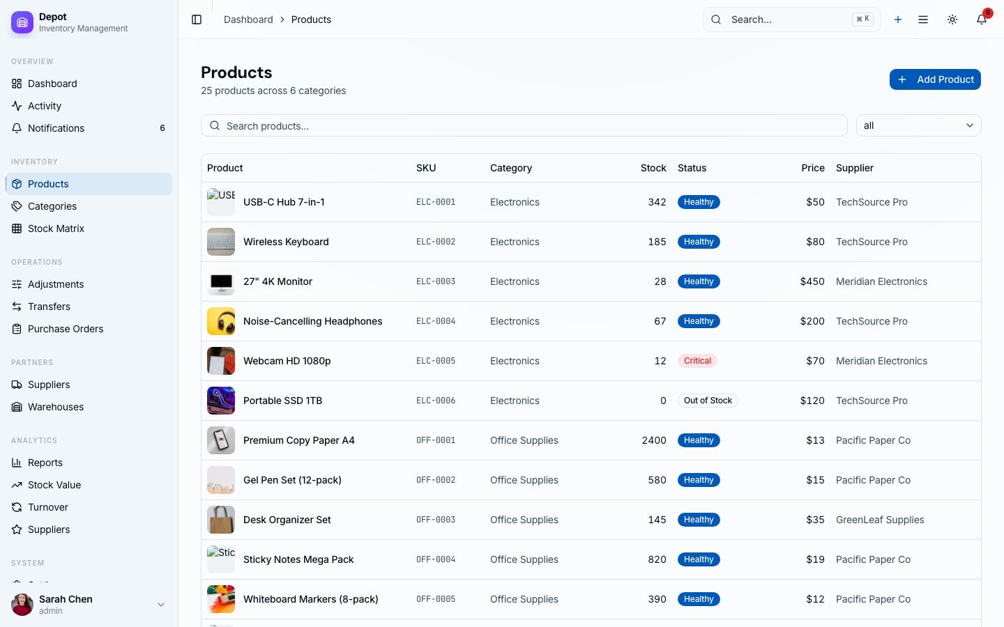 Product catalog with search, filters, categories, and real-time stock levels