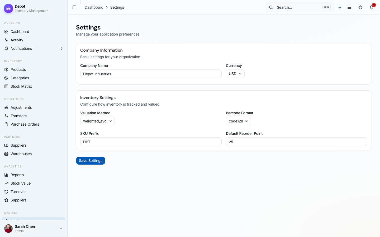 Settings with general configuration, team management, and notification preferences