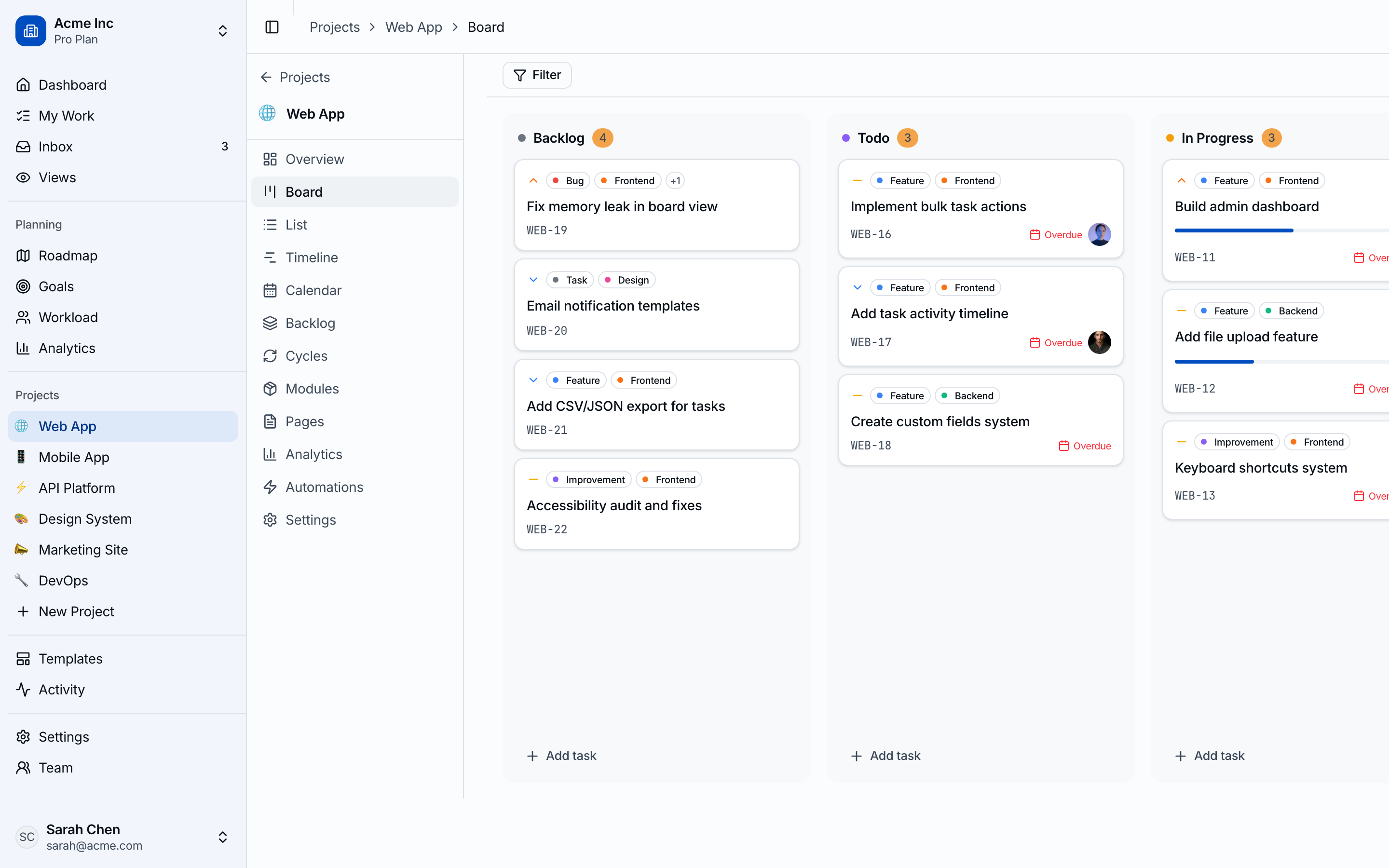 Kanban board with drag-and-drop task cards across status columns