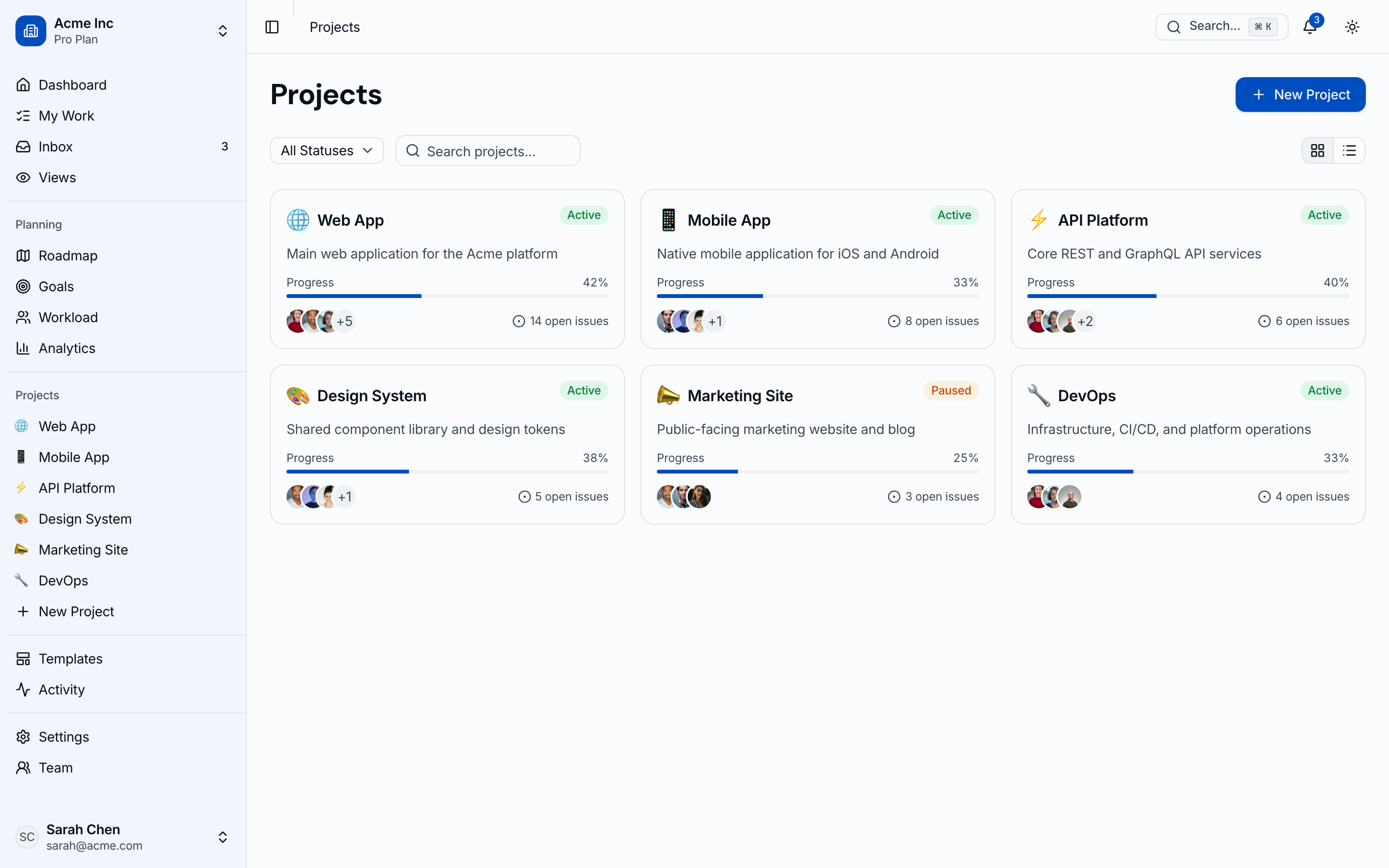 Projects directory with status, progress, team members, and quick actions