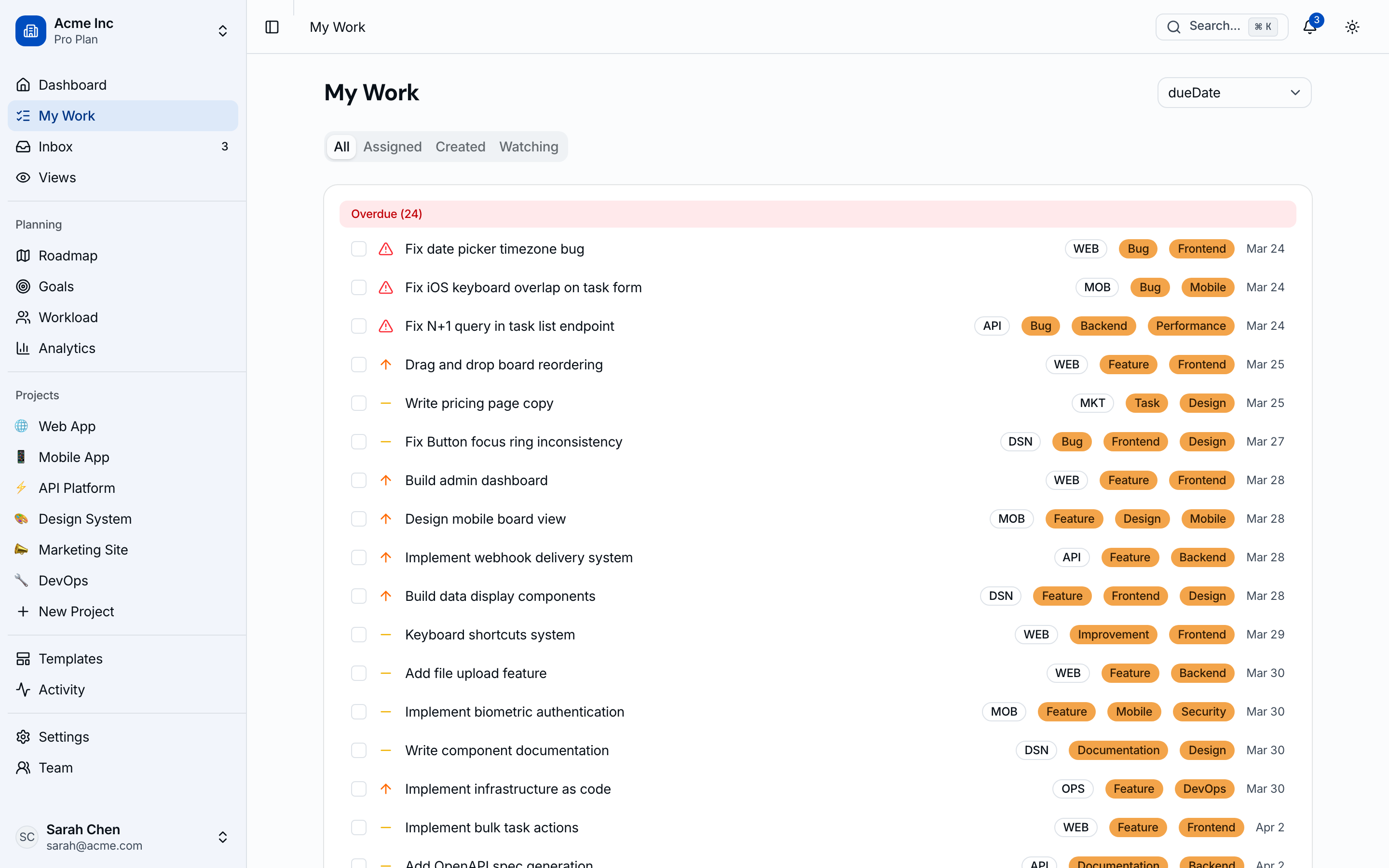 My Work view with assigned tasks, deadlines, and priority filters