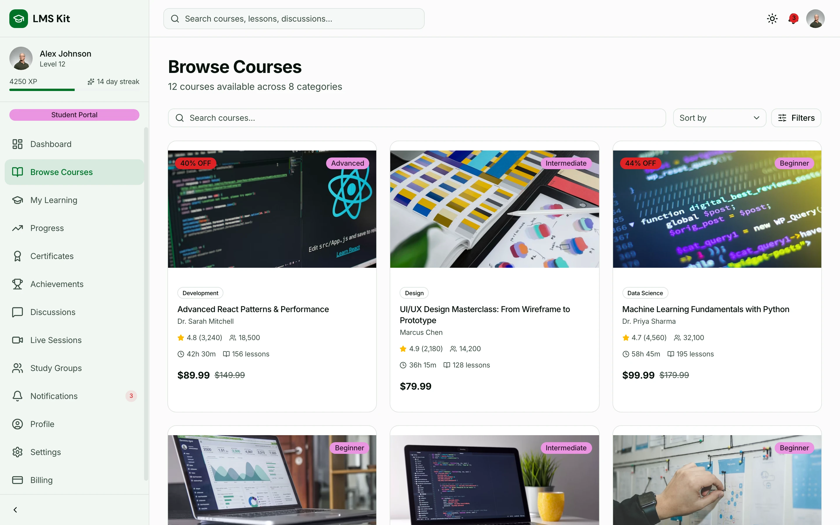 Course catalog with filters, categories, and ratings