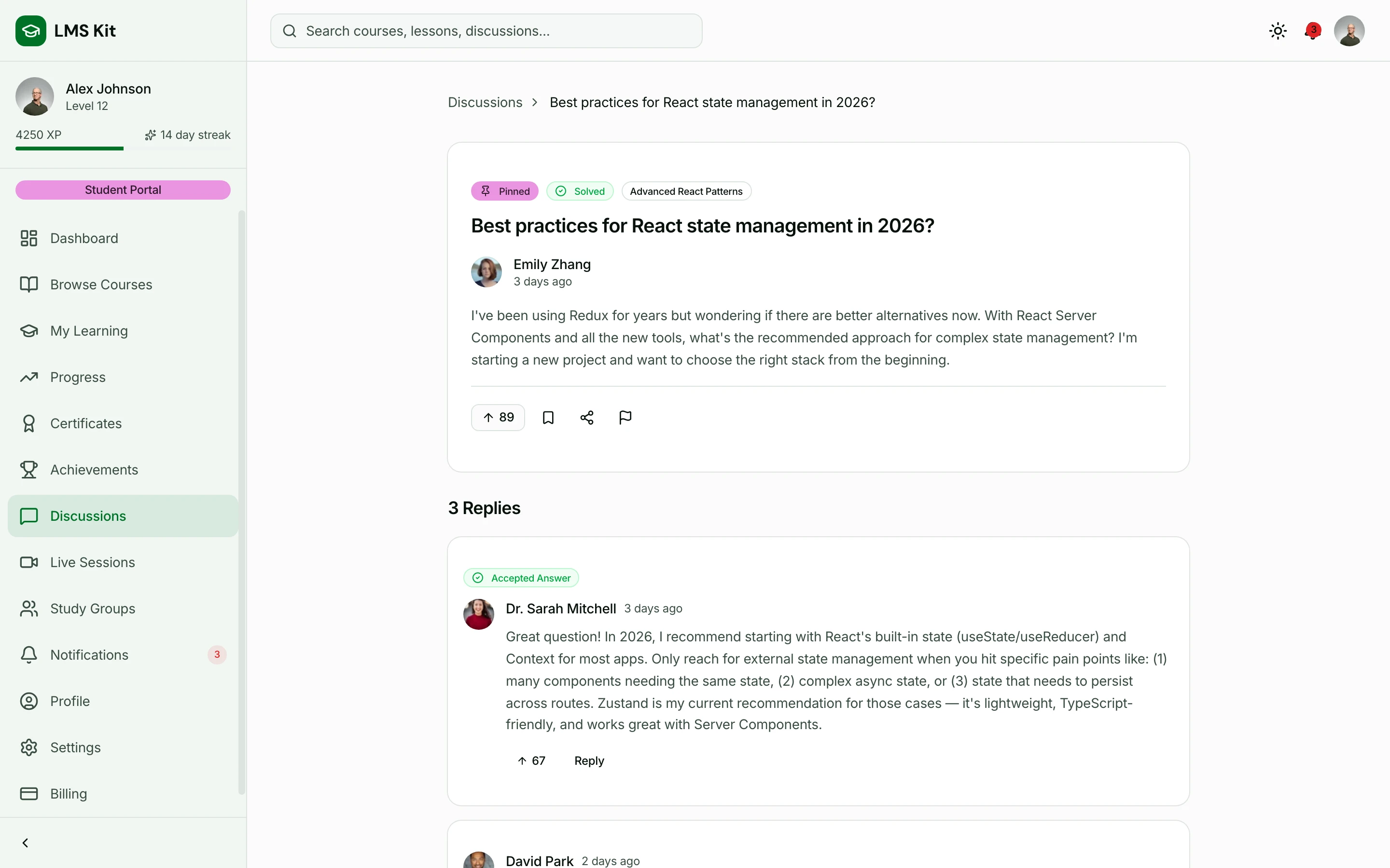 Discussion thread with upvotes, bookmarks, and replies