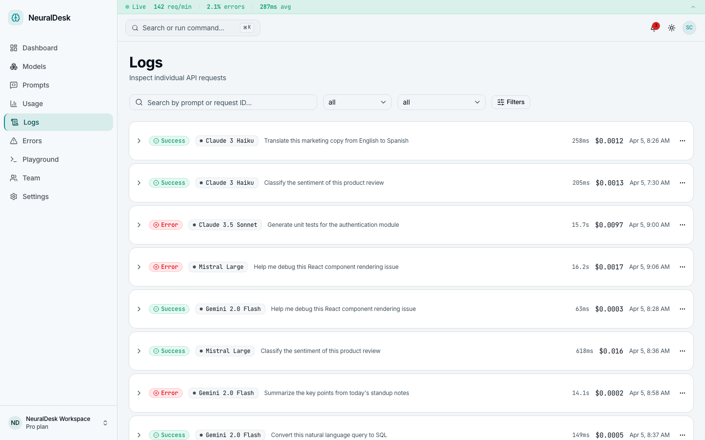 Request/response logs with latency, tokens, status, and advanced filtering
