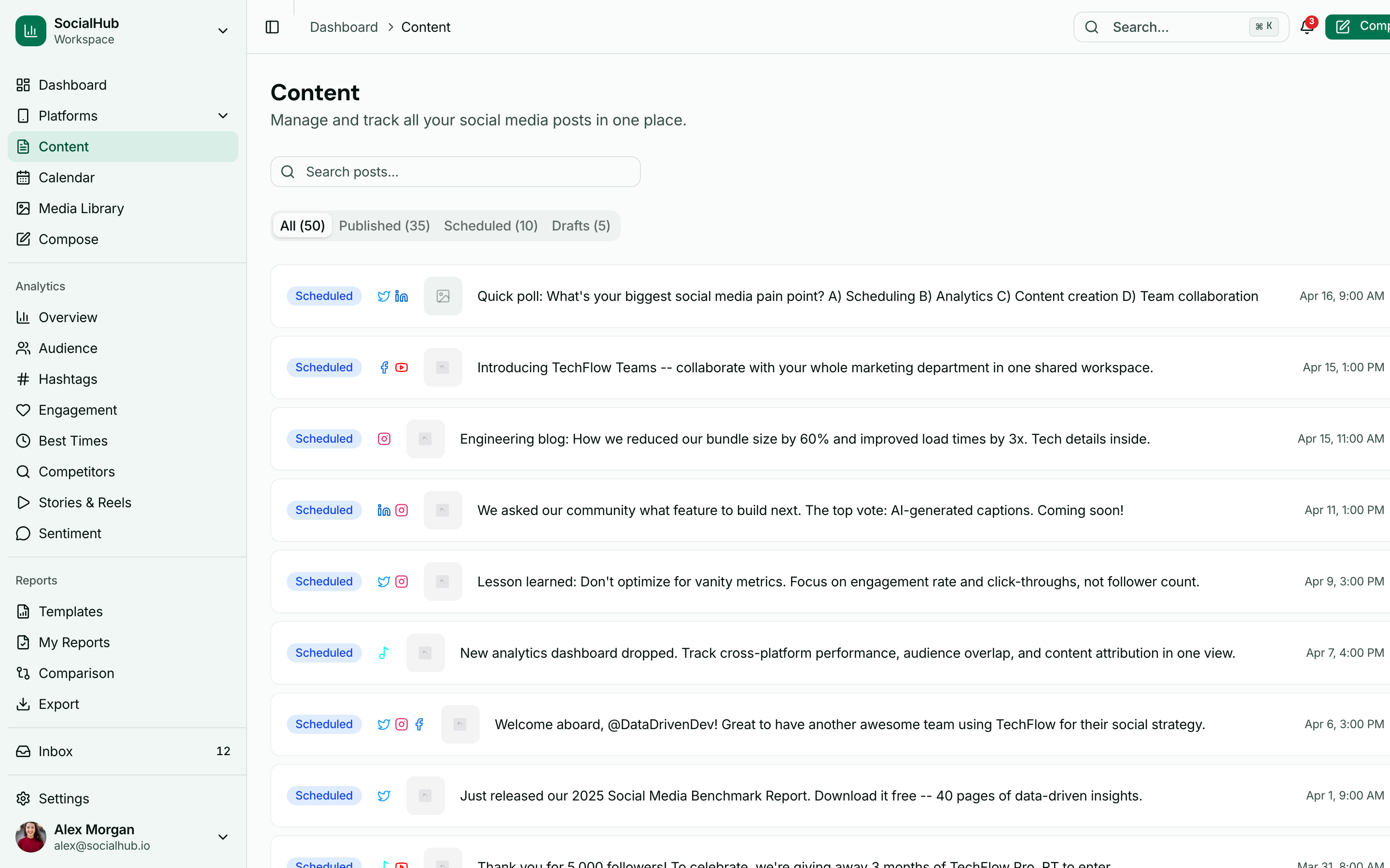 Content hub with post library, status filters, platform badges, and engagement metrics