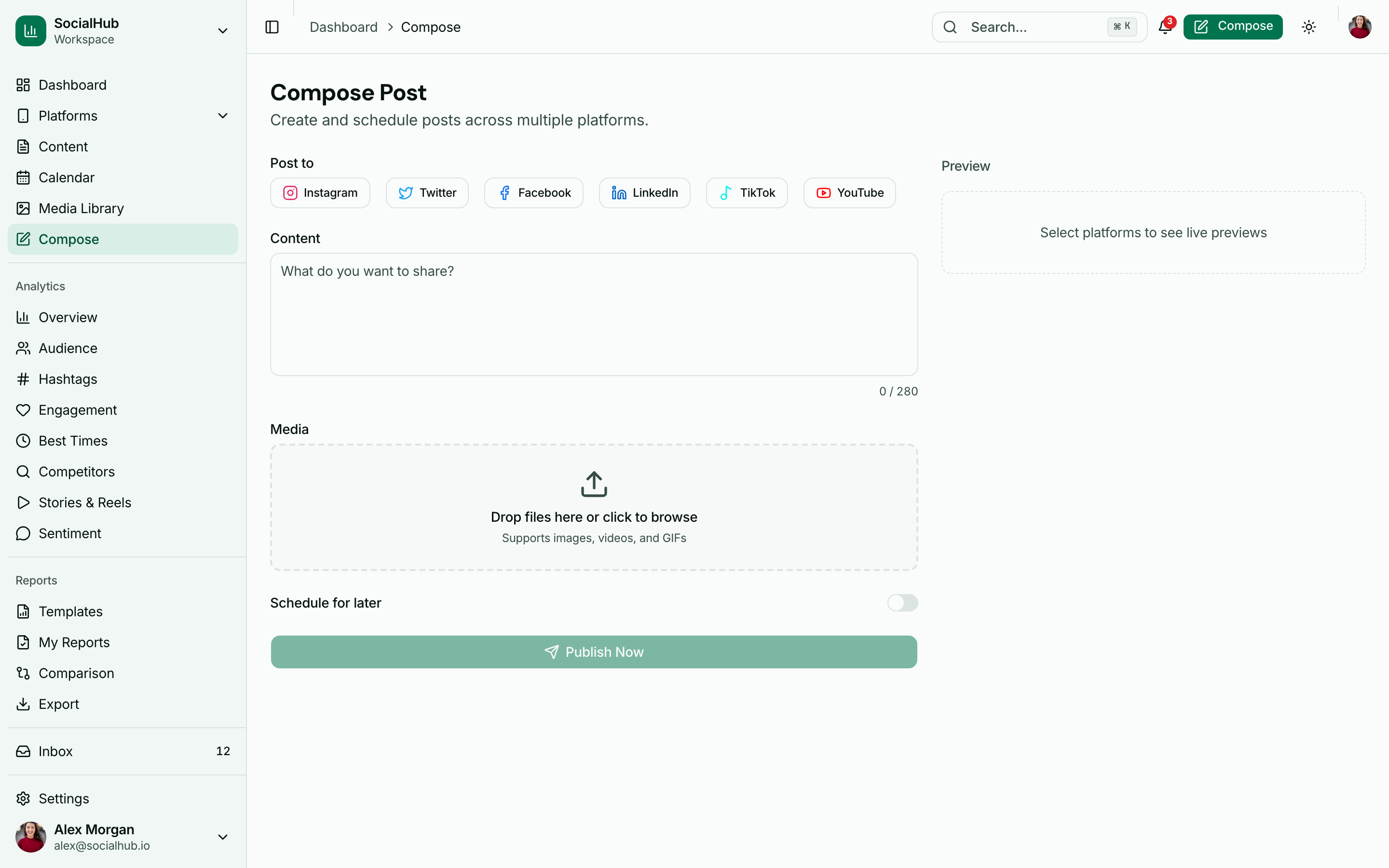 Post composer with multi-platform publishing, character limits, and media upload