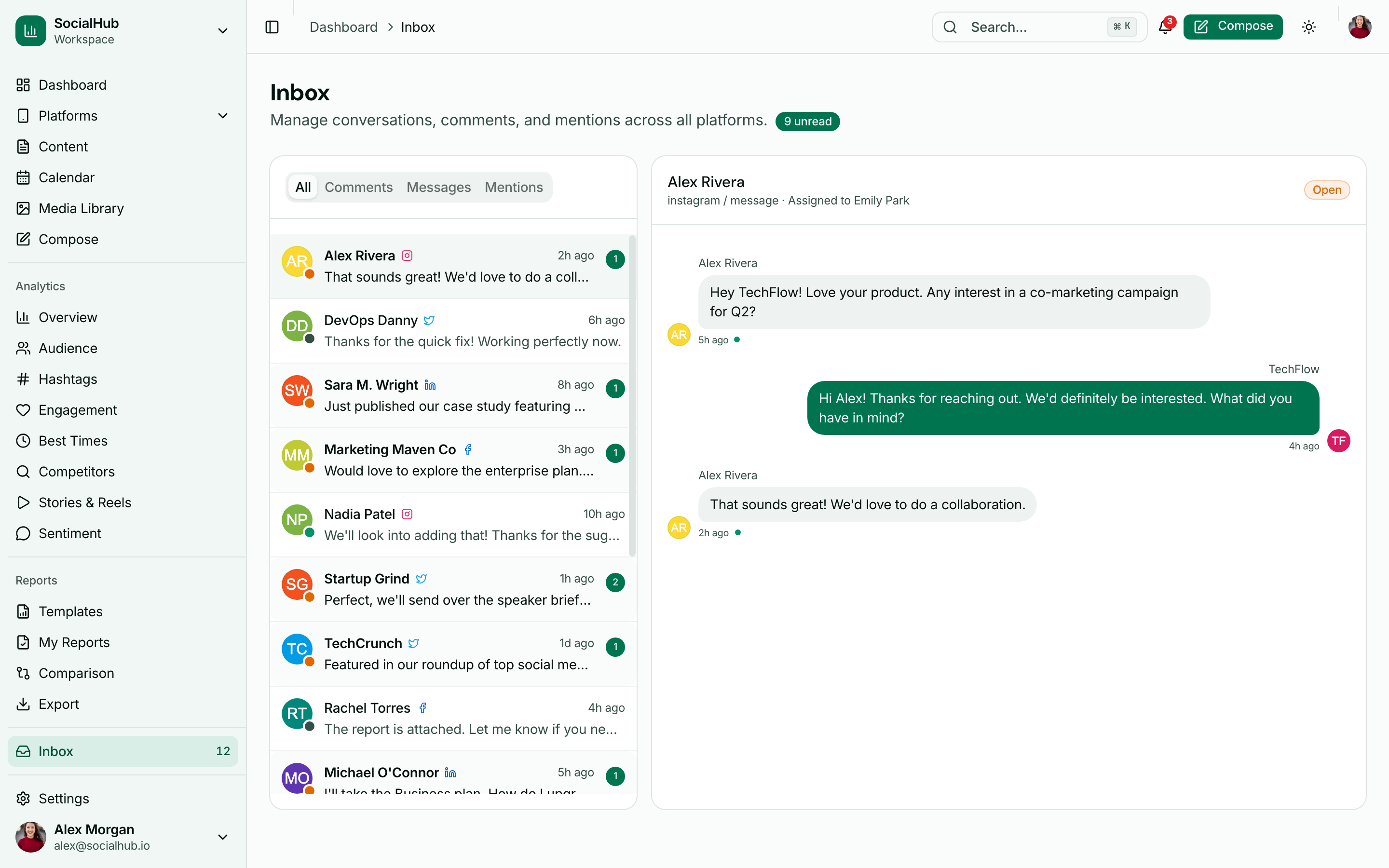 Social inbox with unified messages, comments, and mentions across platforms